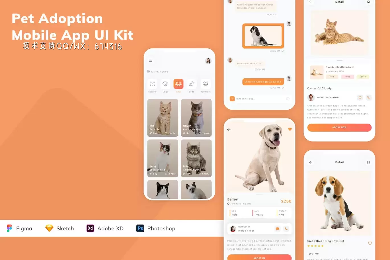 缩略图宠物收养移动应用App UI Kit (FIG,SKETCH,XD,PSD)下载