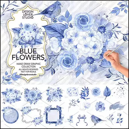 蓝色水彩花卉环圈花环剪贴画PNG免抠图