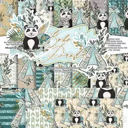 缩略图波西米亚风水彩可爱卡通熊猫 竹子 叶子 无缝PNG免抠图