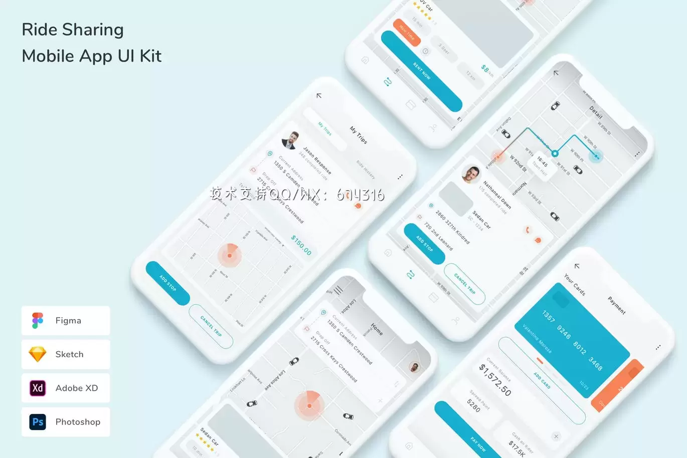 骑乘共享 App UI Kit (FIG,PSD,SKETCH,XD)下载