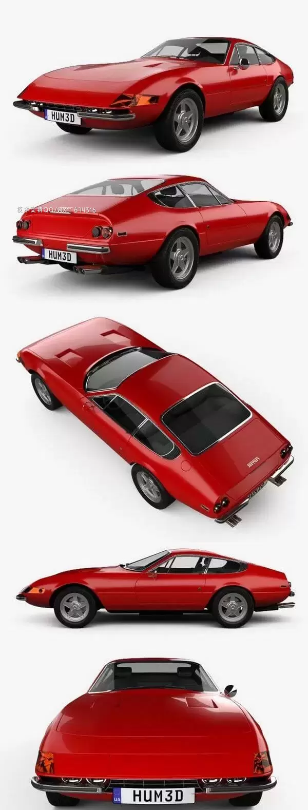 法拉利 365 Daytona GTB4 1968-1973 复古跑车汽车3D模型下载 (MAX,3DS,FBX,OBJ,C4D,LWO)插图