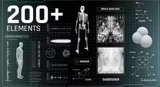 缩略图AE模板-200组科技感医学实验研究数据人体HUD信息图表UI动画