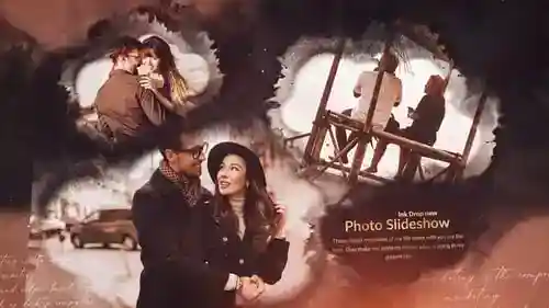 带有流体水彩的浪漫墨滴照片幻灯片显示AE视频