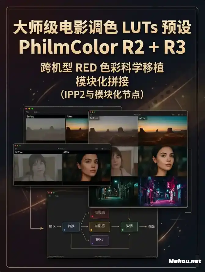 大师级电影调色LUTs预设PhilmColor R2 + R3 跨机型 RED 色彩科学移植、模块化拼接（IPP2与模块化节点）
