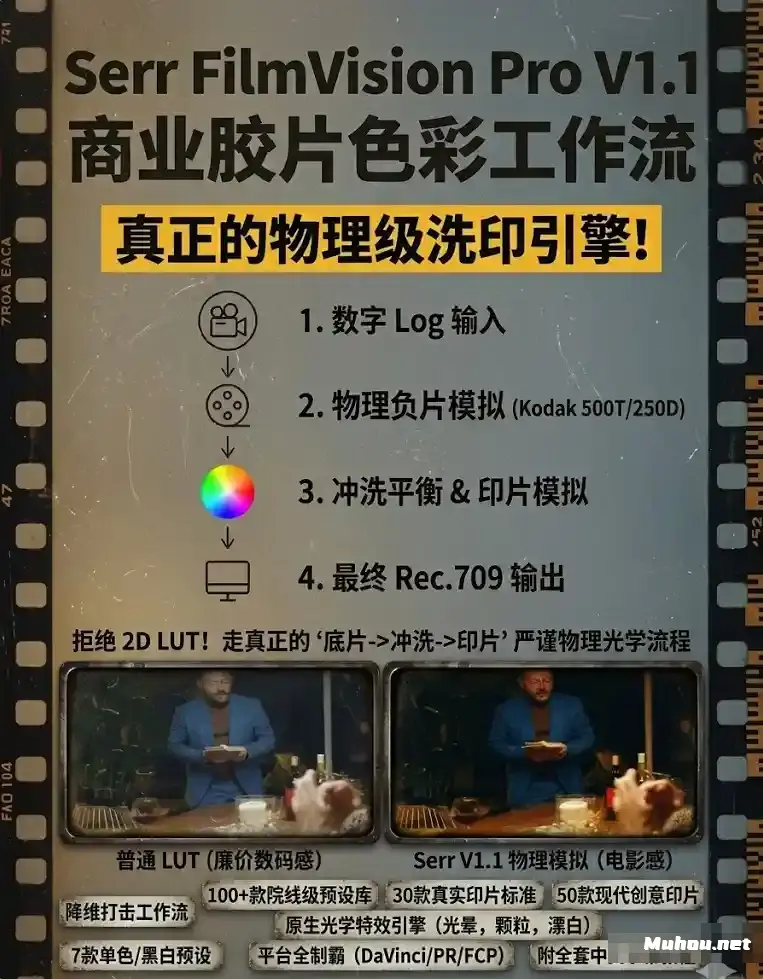 Serr FilmVision Pro V1.1 商业胶片色彩工作流（达芬奇/PR/FCPX）模拟富士柯达胶片色彩LUT预设 + 视频教程(中文字幕)