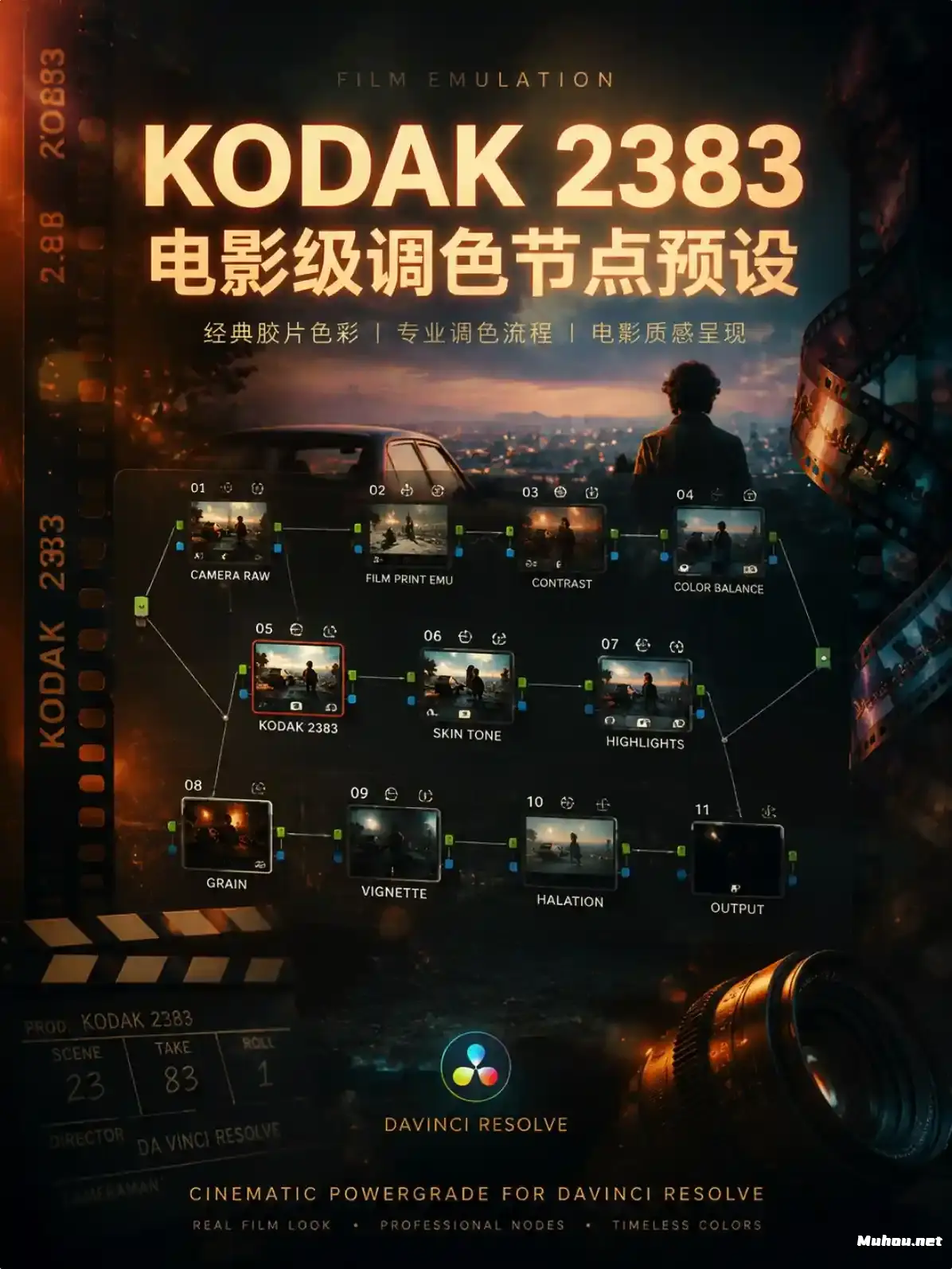 达芬奇 Resolve 的经典 Kodak 2383 胶片仿真调色节点 Luts （胶片色彩感 + 节点结构 + 光晕/胶片颗粒）