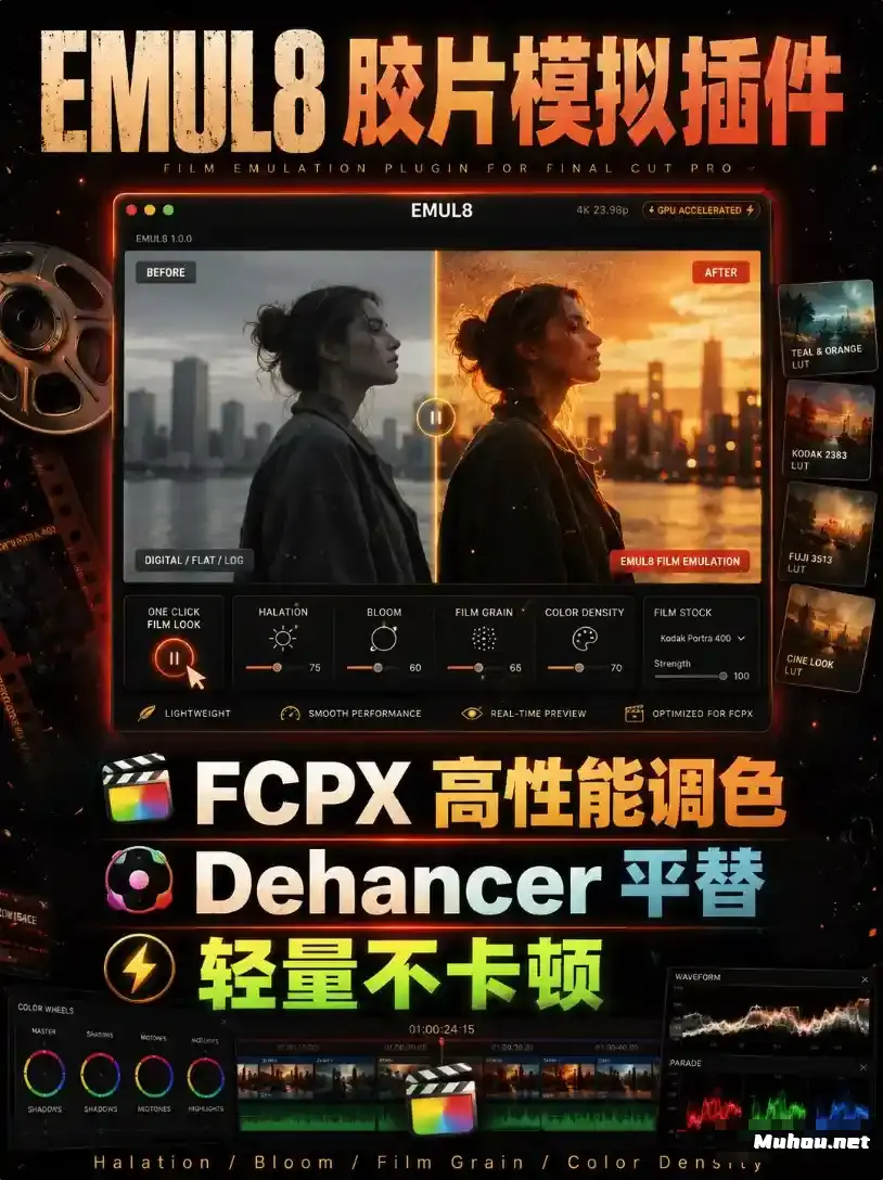 EMUL8 Film Emulation FCPX 轻量化高性能胶片模拟插件（Dehancer 专业平替方案）胶片色彩模拟 · 光晕 · 晕染 · 颗粒 · 色差 · 肤色校准