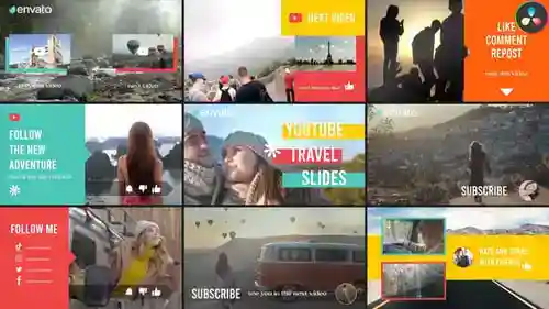 现代社交媒体旅行视频幻灯片和终端屏幕，片头英尺。社交媒体和视频模板达芬奇模板