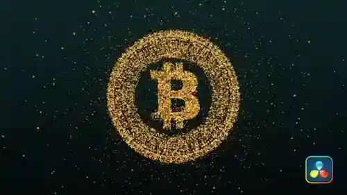 比特币加密货币徽标显示，徽标刺痛英尺。粒子和徽标与达芬奇解决达芬奇模板兼容