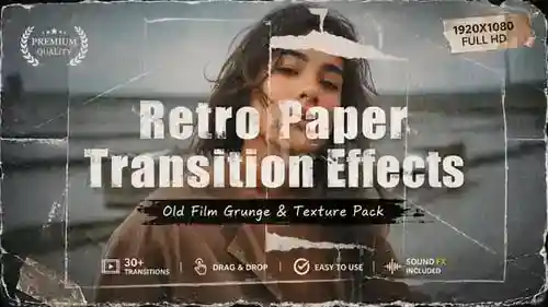 复古纸张过渡效果-适用于DaVinci Resolve，Elements，Transitions的旧胶片Grunge和纹理包ft.Retro和grunge与DaVinci Resolve达芬奇模板兼容