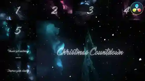 极光流体光效圣诞倒计时达芬奇模板，含粒子雪花与优雅手写字体